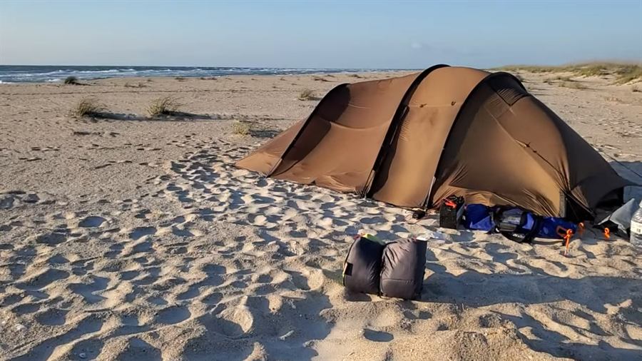 Tent pitched on the ocean beach at Masonboro Island